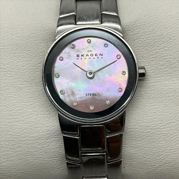 Skagen Womens Watch 22mm Pink MOP Dial Stainless Crystals New Battery 6