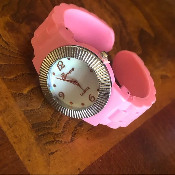 Ladies Geneva bubblegum pink soft silicone cuff watch