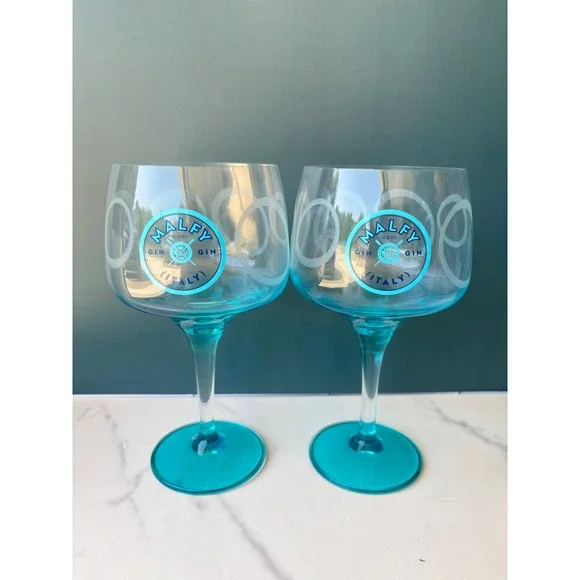 Malfy Gin Italy Copa Glasses Set of 2 Turquoise Blue Balloon Stemware 18 oz