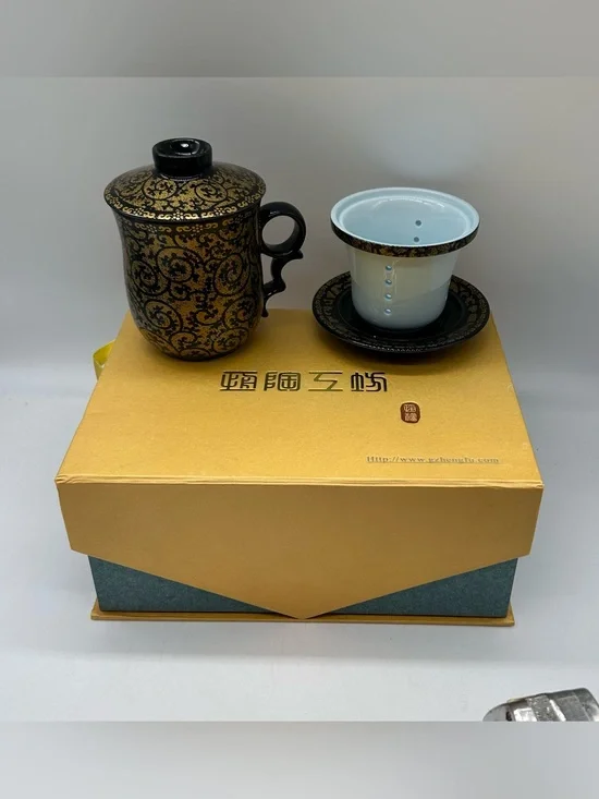 NEW Chinese Tea Cup Diffuser Set Gzhengfu Black Gold