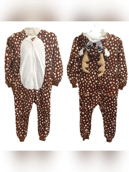 Youth Size 6-9 Years Hooded Reindeer Pajama Bodysuit