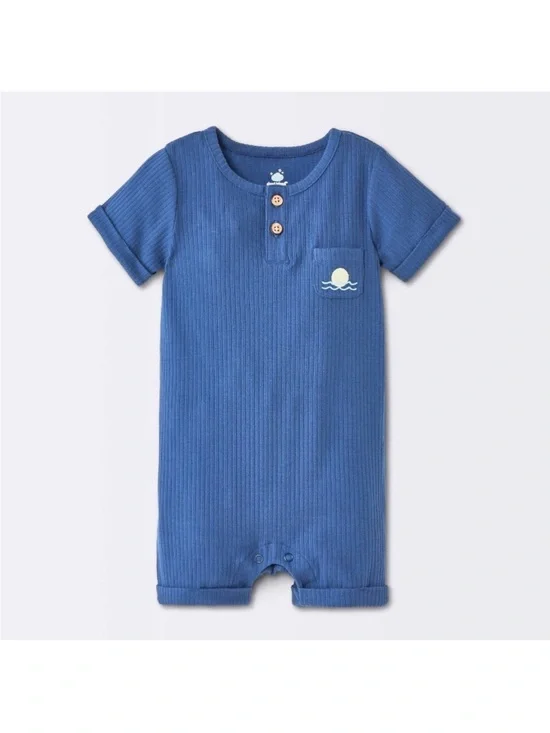 Blue Ribbed Baby Romper with Sun Pocket