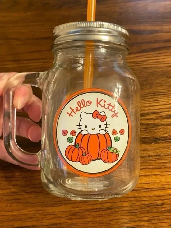 Sanrio Hello Kitty Fall Pumpkin Glass Mason Jar Mug Lid & Straw NWT