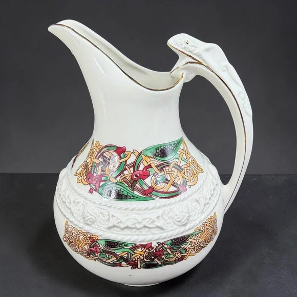 Cre Irish Porcelain Celtic Pitcher Galway Ireland Serpent Handle Gold Trim 7in‎
