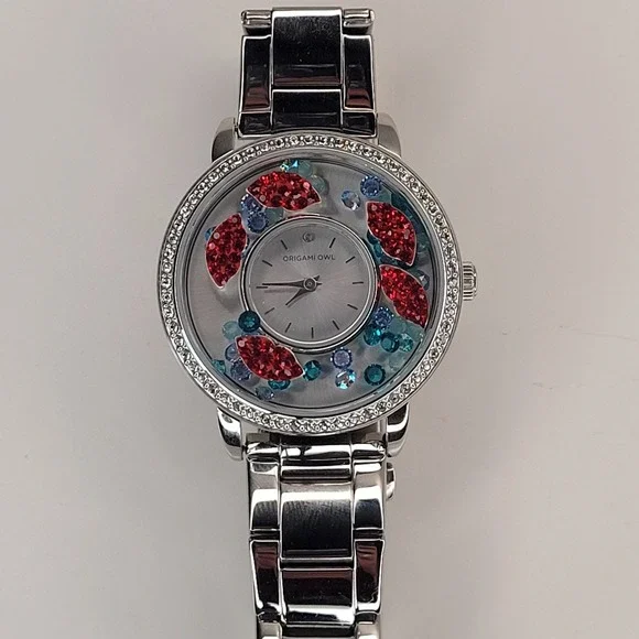 Origami Owl Silver Crystal Living Locket Watch - Red Lips & Blue Crystals