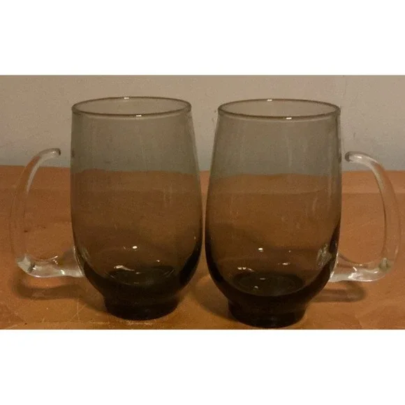 Vintage Libbey Tempo Brown Smoke Glass Open D Handle Mugs Tankards 16oz Set Of 2