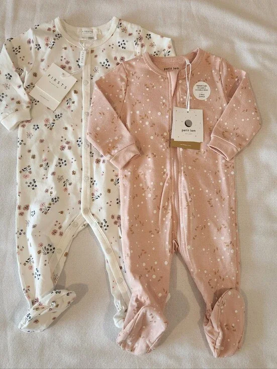 2 NWT Petit Lem Organic Cotton Blend Footie Sleeper Romper 6 Months