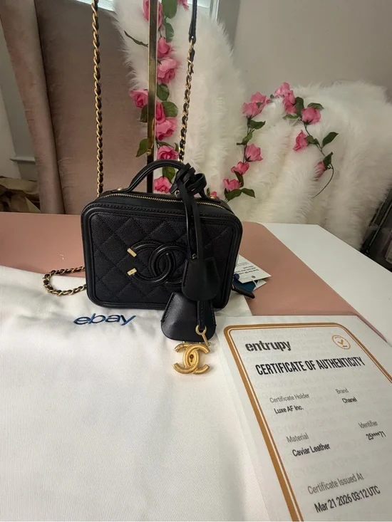 Chanel Filigree CC Vanity Case Small Black Caviar Gold Hardware Triple COA