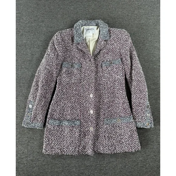 Vintage Chanel Coat Womens 38 Tweed Chain Hem Logo Buttons France 90s Authentic