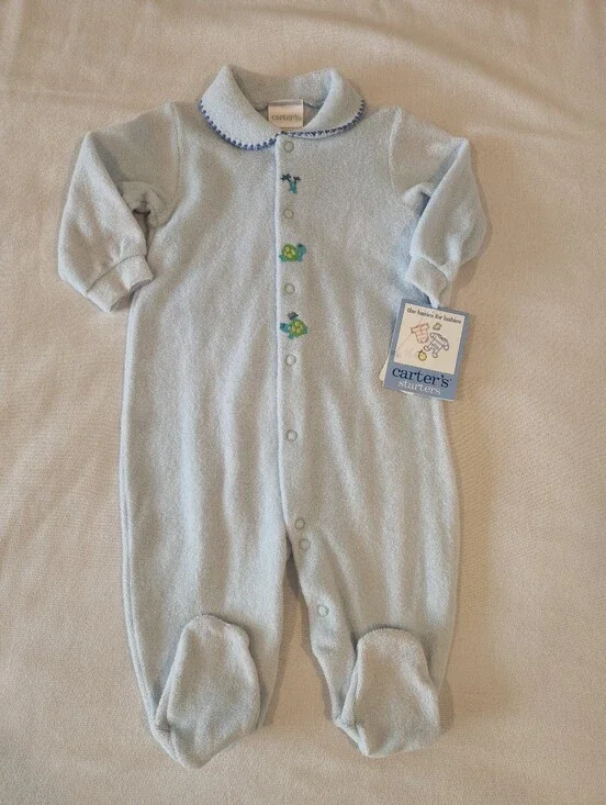 NWT Vintage Carter's 6-9 Month Blue Terry Cloth Turtles Sleep N Play Footie