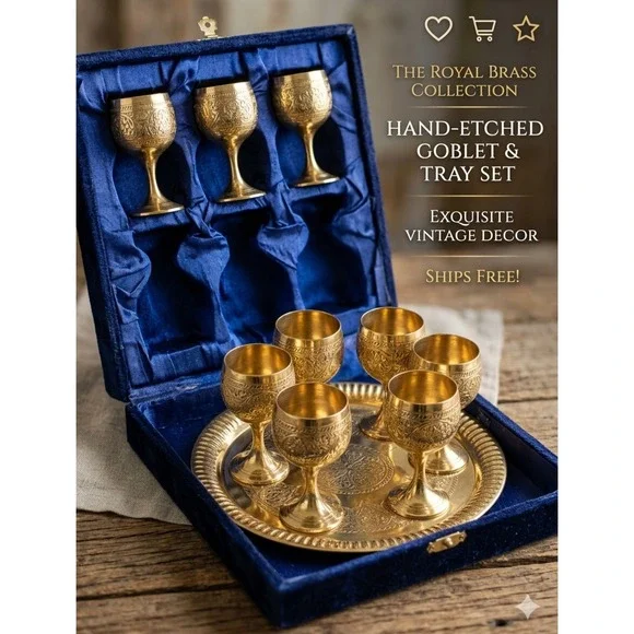 The Royal Brass Collection Hand Etched Goblet and Tray Set Vintage 7 Piece Boxed