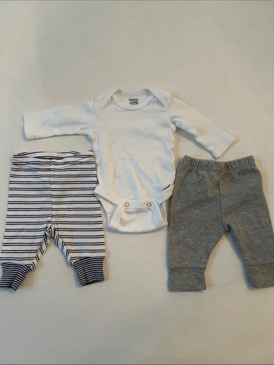 Gerber White Bodysuit with Navy Striped and Gray Pants