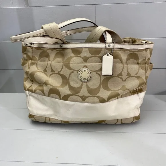 Coach F19202 Signature Stripe Jacquard Diaper Tote Bag Khaki Ivory Large
