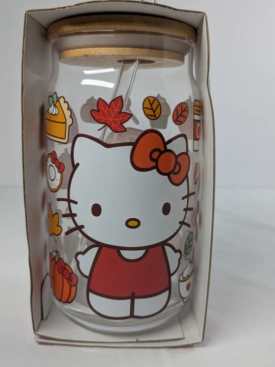 Hello Kitty Pumpkin Spice Glass Tumbler with Bamboo Lid