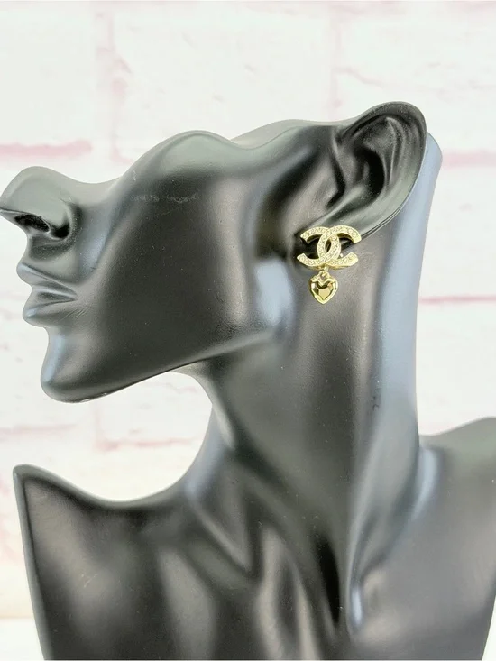 Chanel Metal Crystal CC Heart Drop Earrings Gold