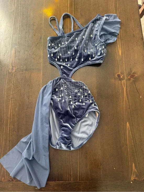 Weissman Dusty Blue Velvet One-Piece Dance Costume with Bead Embellishments