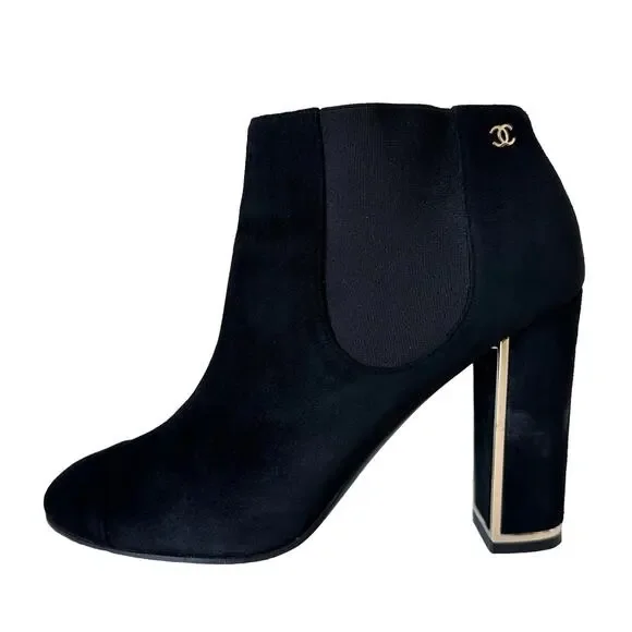 CHANEL Black Suede Gold Logo Chelsea Heel Ankle Boots IT 39.5