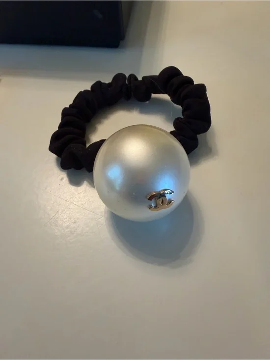 CHANEL Black Scrunchie with Pearl Ball and Gold CC Accent