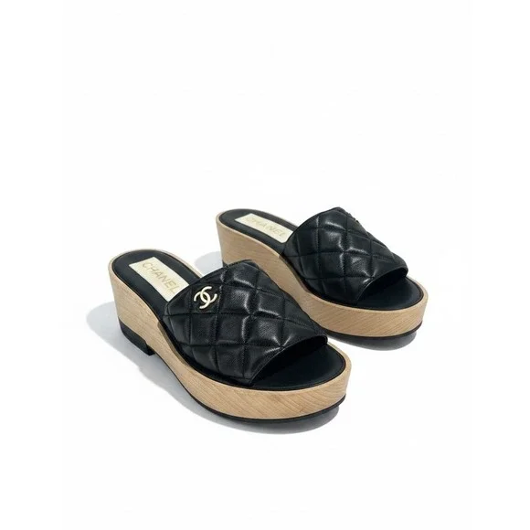 Chanel 2022 Cruise Quilted CC Platform Slide Sandals Black Size 40