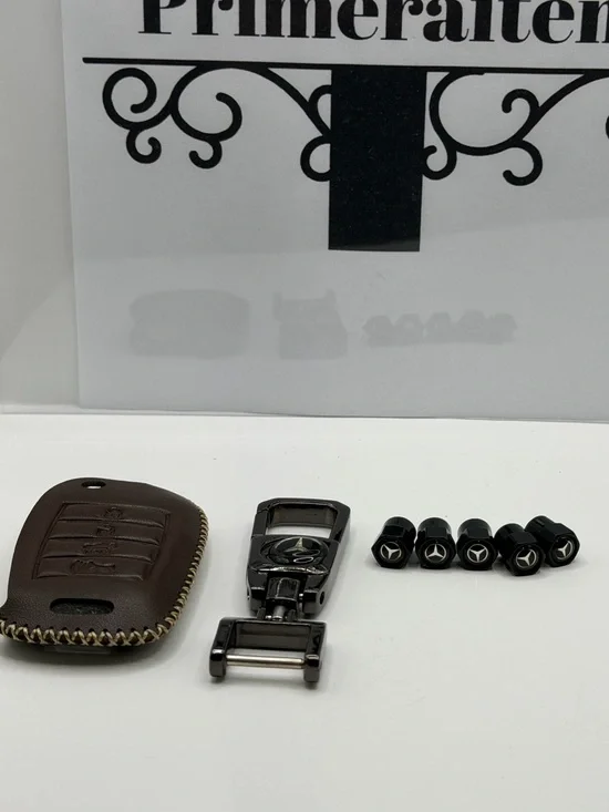 Brown Leather Key Cover and Black Metal Key Clip with Branded Valve Caps