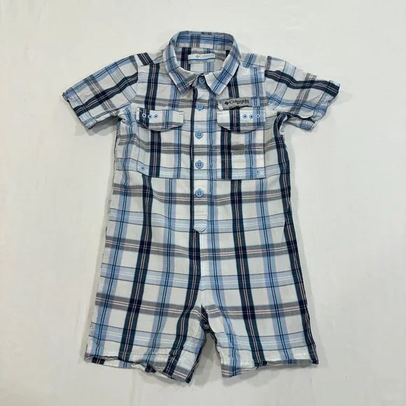 Columbia PFG Tamiami Romper‎ Baby Boys 18-24M Blue Plaid Snap Bottom