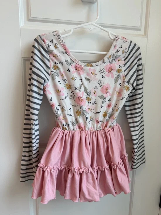 cheeky plum Farah Leotard Pink Floral & Gray Stripe Ruffle One-Piece