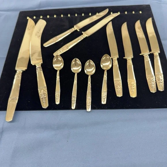 K Thailand Buddha 14 PC Flatware Set Brass  Knives And Tiny Spoons Vintage
