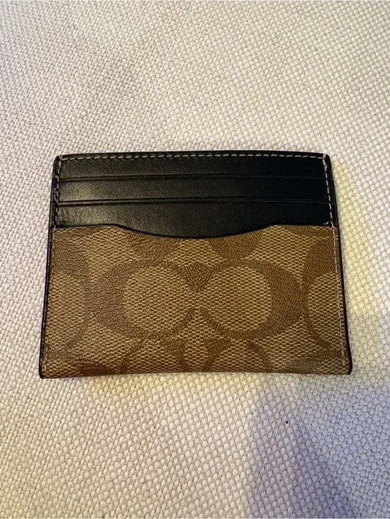 Coach Signature Canvas Card Holder with Brown Leather Top