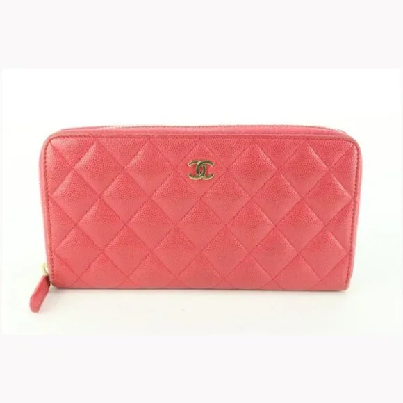 Chanel Hot Pink Quilted Caviar L-Gusset Zip Around Long Wallet 71cz56s