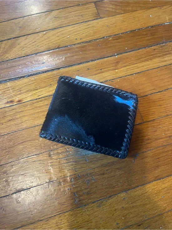 Men's Black Leather Bifold Fur Wallet with Braided Trim