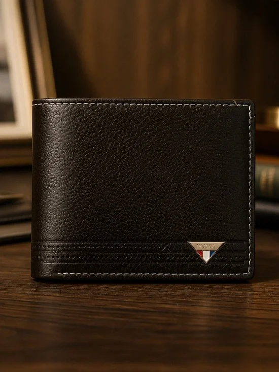 Men's Coffee Color Leather Bifold Wallet with Contrast Stitching
