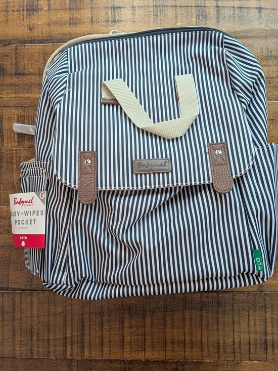Babymel Navy & White Striped Diaper bag Backpack with Brown Accents, New