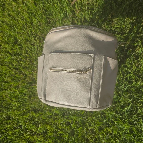 Fawn Design Original Diaper Bag Gray Vegan Leather Backpack Gold Hardware