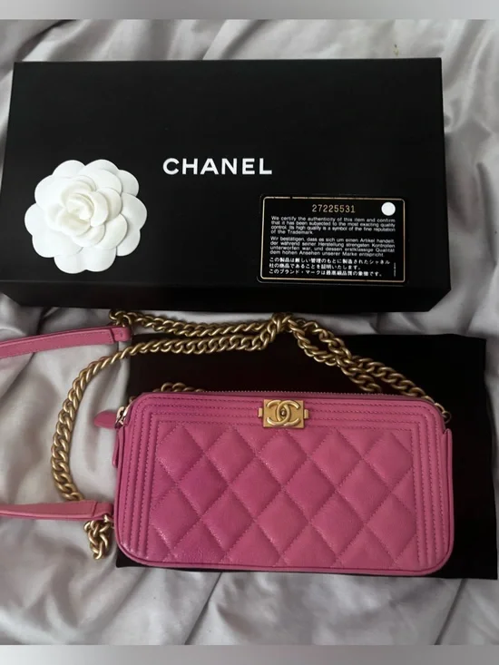 CHANEL Hot Pink Quilted Leather WOC Crossbody with Gold Chain and Box