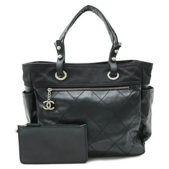Chanel Paris Biarritz GM Leather Black with Pouch Tote Bag