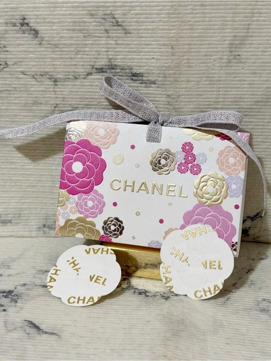 Chanel Beauty Pink Gold Camellia Floral Gift Bag with 2 Chanel Camellia Stickers