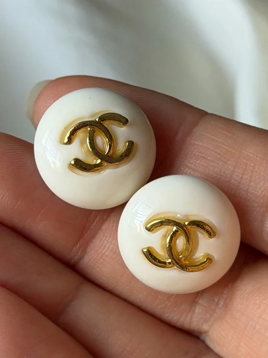 CHANEL Cream and Gold CC Button Earrings