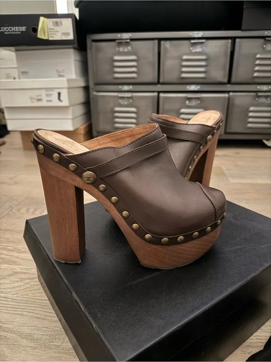 CHANEL Brown Leather Studded Clog Mules