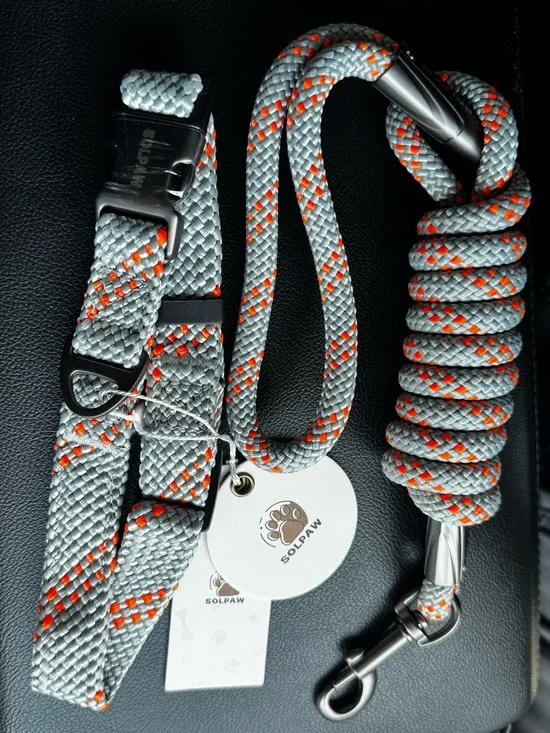 Gray & Orange Reflective Dog Leash and Collar Set for Men Accessories Size: L