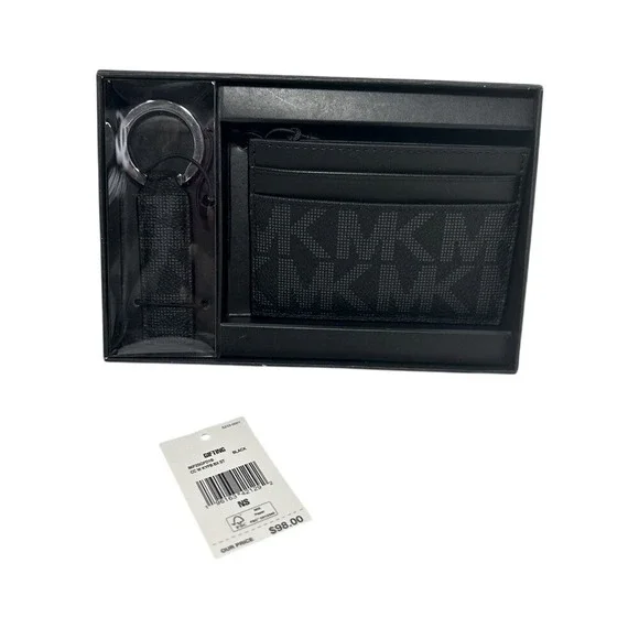 Michael Kors Mens Card Case and Keychain Gift Set Black‎ Signature