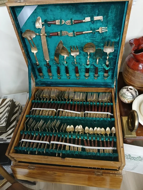 Vintage Gold Rosewood Flatware Complete Set 141 Piece