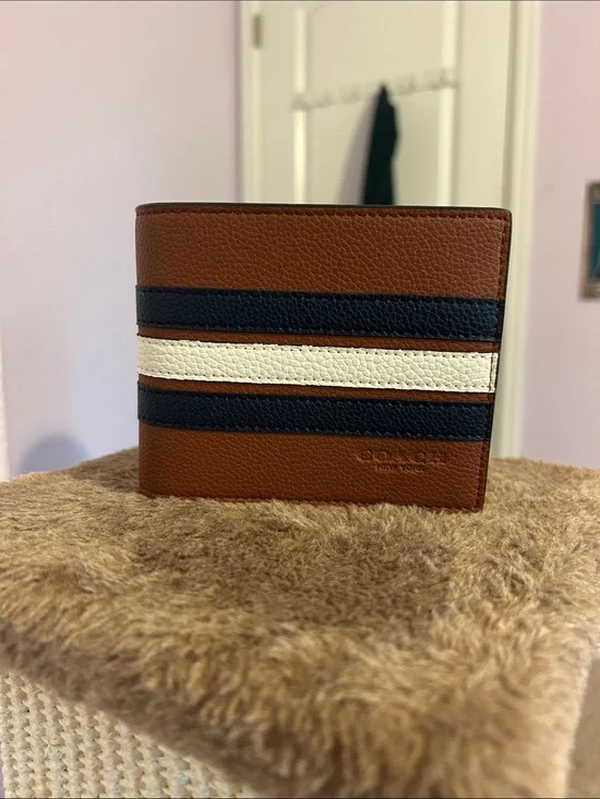 Coach Men’s Brown Leather Bifold Wallet with Navy and White Stripes