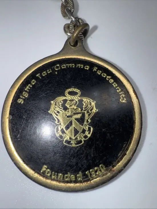 Vintage Sigma Tau Gamma Fraternity Keychain Brass Tone Crest Founded 1920