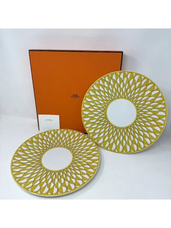 Hermes Yellow and White Porcelain Soleil d’Hermès Set of 2 Dinner Plates