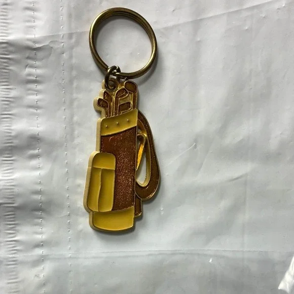 Golf‎ Bag With Clubs Keychain Charm Gold Tone Metal Ring Bag Charms
