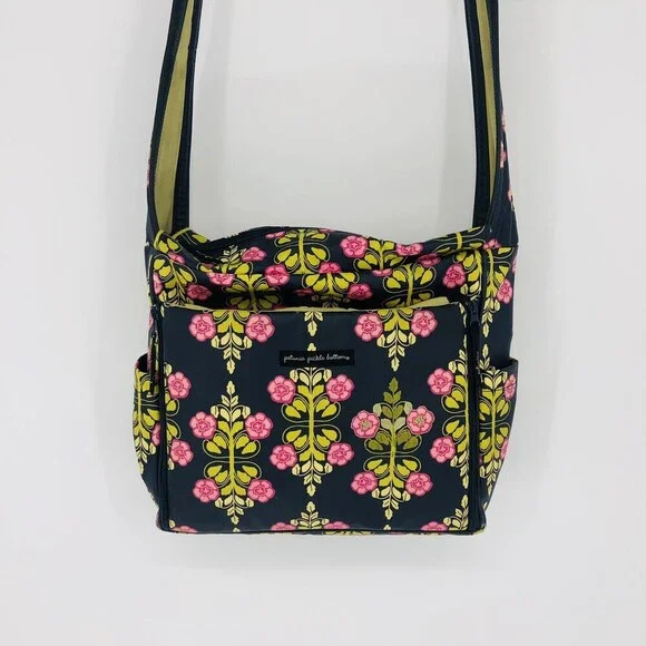 Petunia Pickle Bottom Black Green Pink Floral Shoulder Strap Diaper Bag W/ Pad
