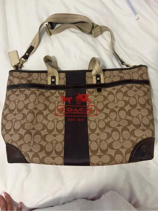 Coach Signature Canvas Tote in Tan, Dark Brown & Red Logo