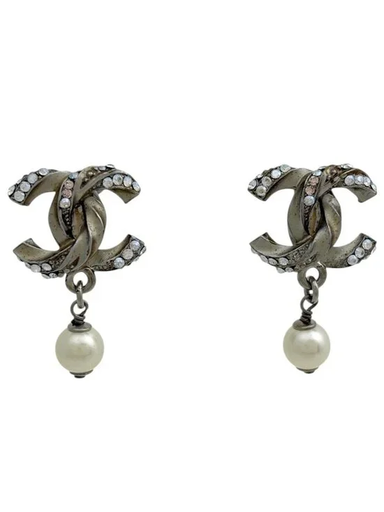 Chanel Earrings CC Logo Metal Rhinestone Fakepearl