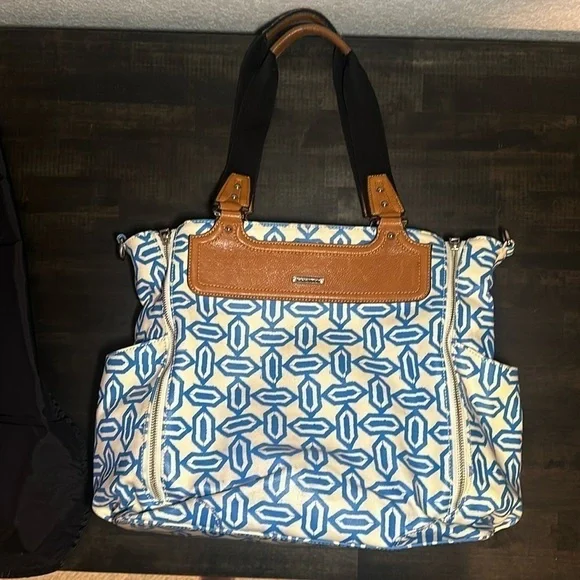 Rebecca Minkoff Blue and White Geometric Baby Bag with Tan Trim