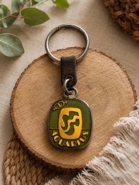 Vintage 70’s Aquarius Zodiac Enamel Keychain Green & Gold Astrological Key Ring